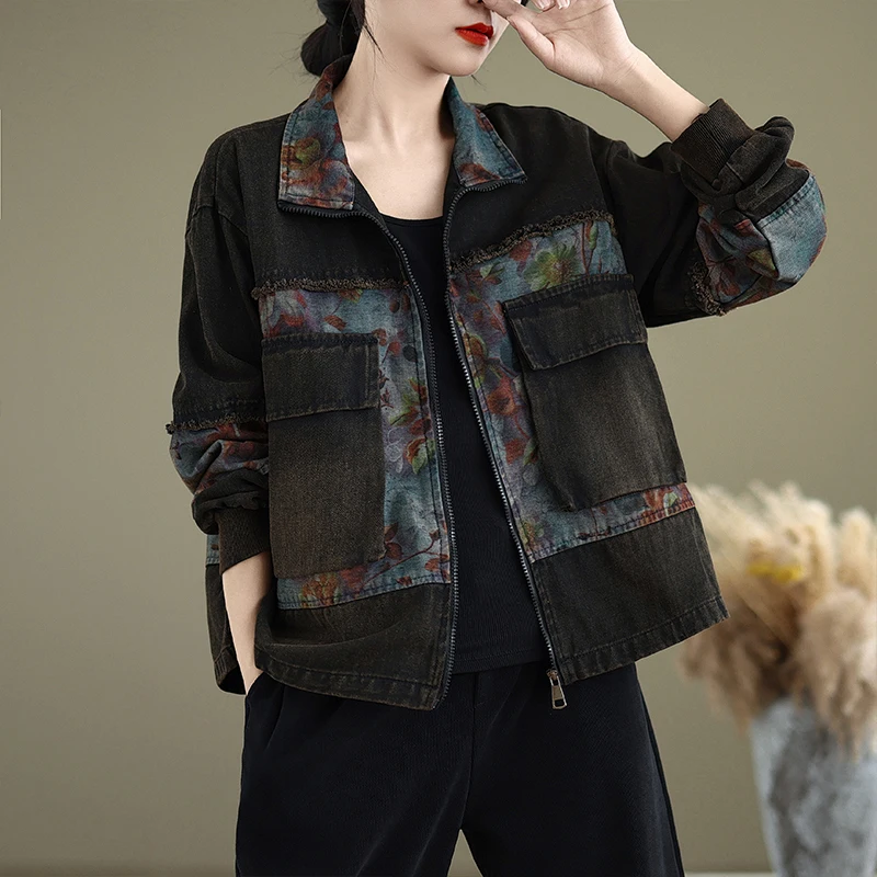 Woman 2024 New Color-blocked Long Sleeves Denim Loose Coat Fashion Temperament Patchwork Zipper Cardigan Single Breasted Jacket