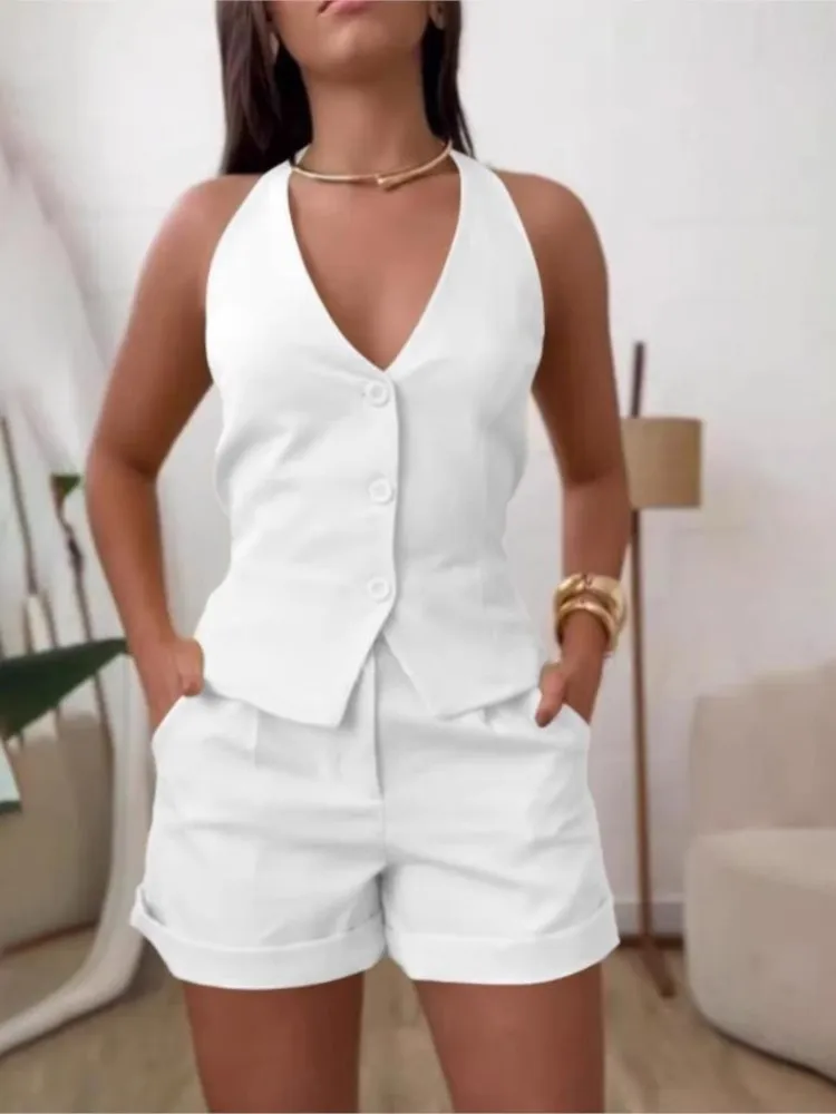 

Commuting Ladies Backless 2 Piece Sets 2025 Summer New Solid V Neck Button Front Sleeveless Tank Pocket Shorts Set Women Outfits