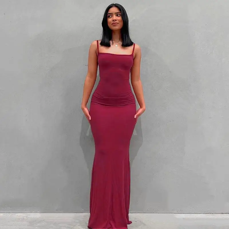 2025 Skims-Inspired Women's Spaghetti Strap Maxi Dress Buttery-Soft Slim-Fit Casual Loungewear Bodycon Home Wear Long Slip Dress