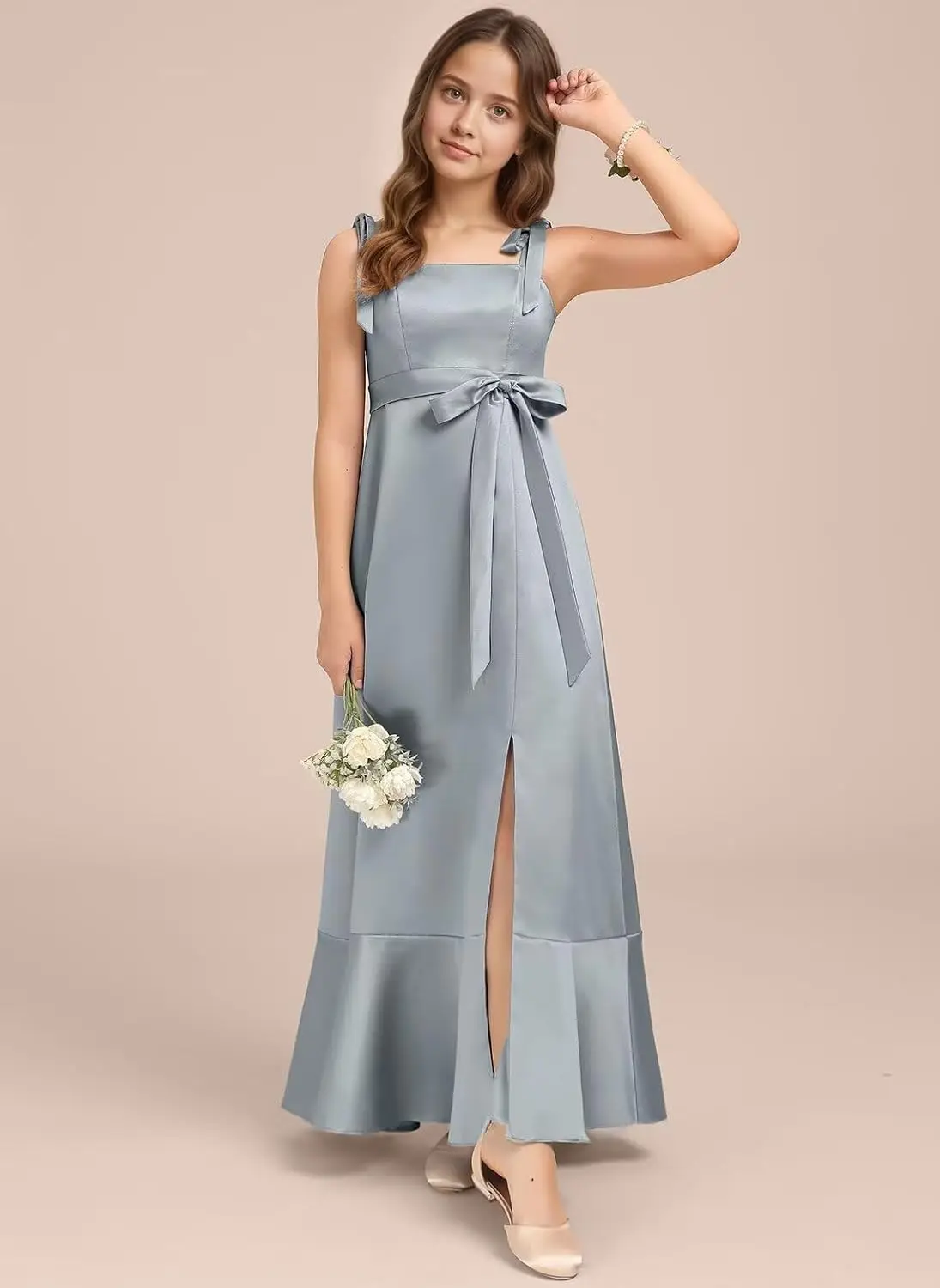 Girls A-Line Junior Bridesmaid Dress with Slit Silk Satin Flower Girl Dress  Flower Girl Dresses for Weddings