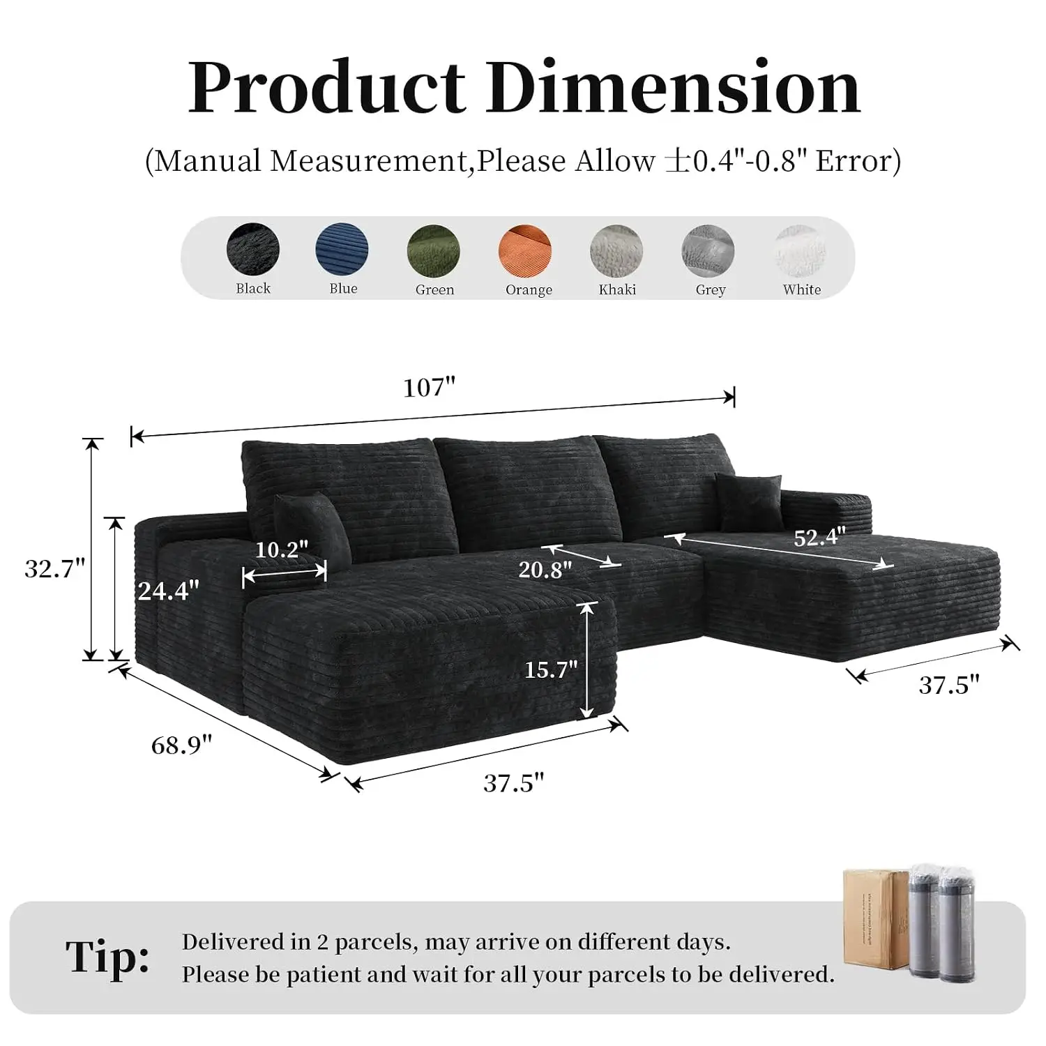 107.5'' U-Shaped Boneless Sectional Couch with Ottoman, Black Deep Seat Modular Compressed Sofa for Living Room and, Customized