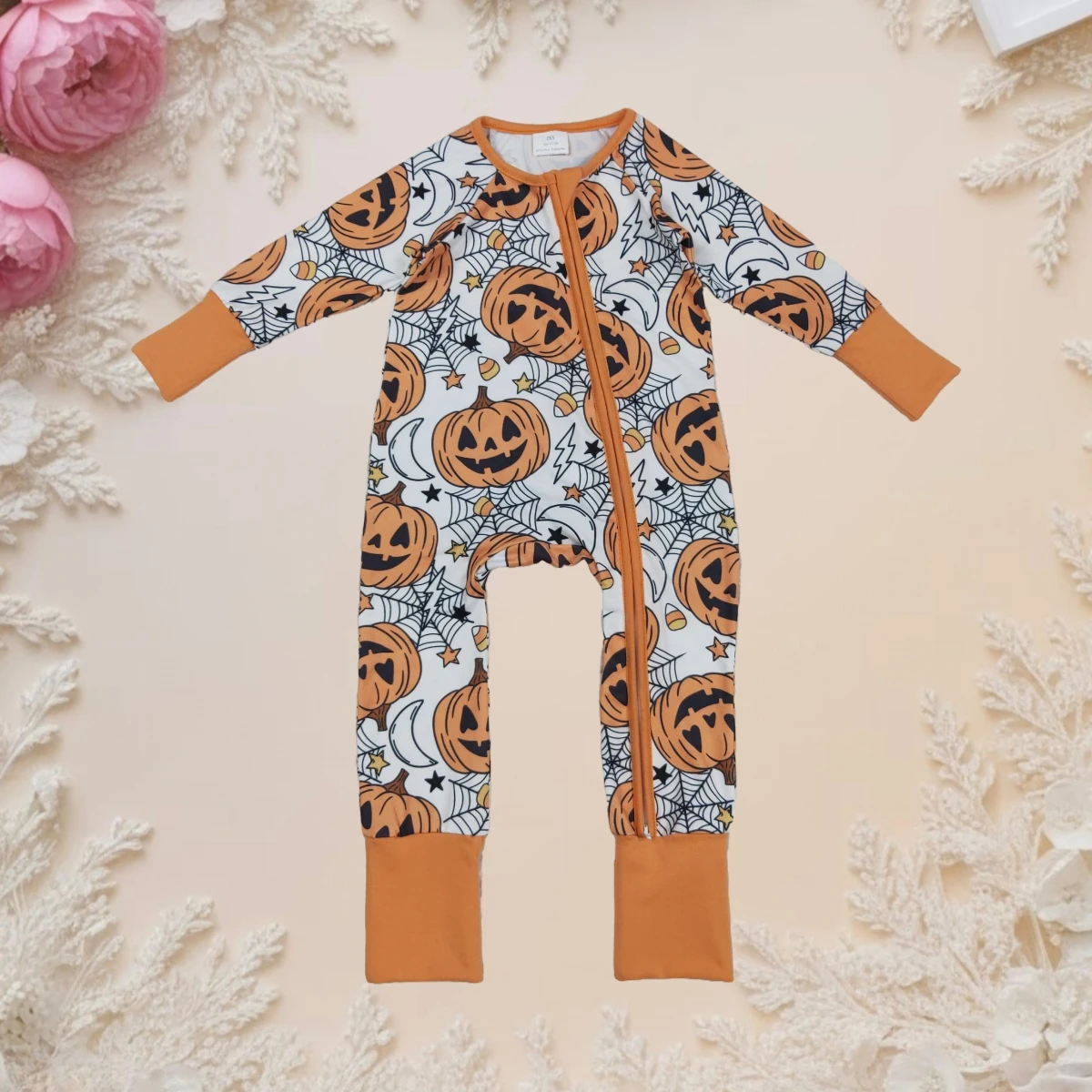 

Halloween Baby Sleeper Boy Romper Pumpkin Spider Web Print Zipper Footed Jumpsuit Cozy Soft Toddler Kids Boys Bodysuit Hot Sale