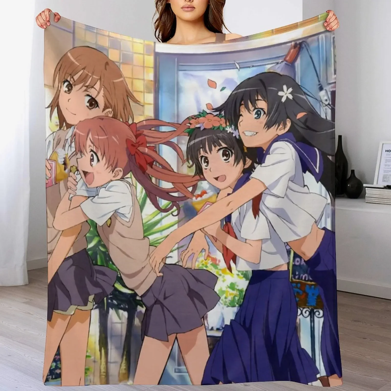 Toaru Kagaku - Misaka Mikoto, Shirai Kuroko, Saten Ruiko, Uiharu Kazari Throw Blanket Flannels Summer Decorative Sofas Blankets