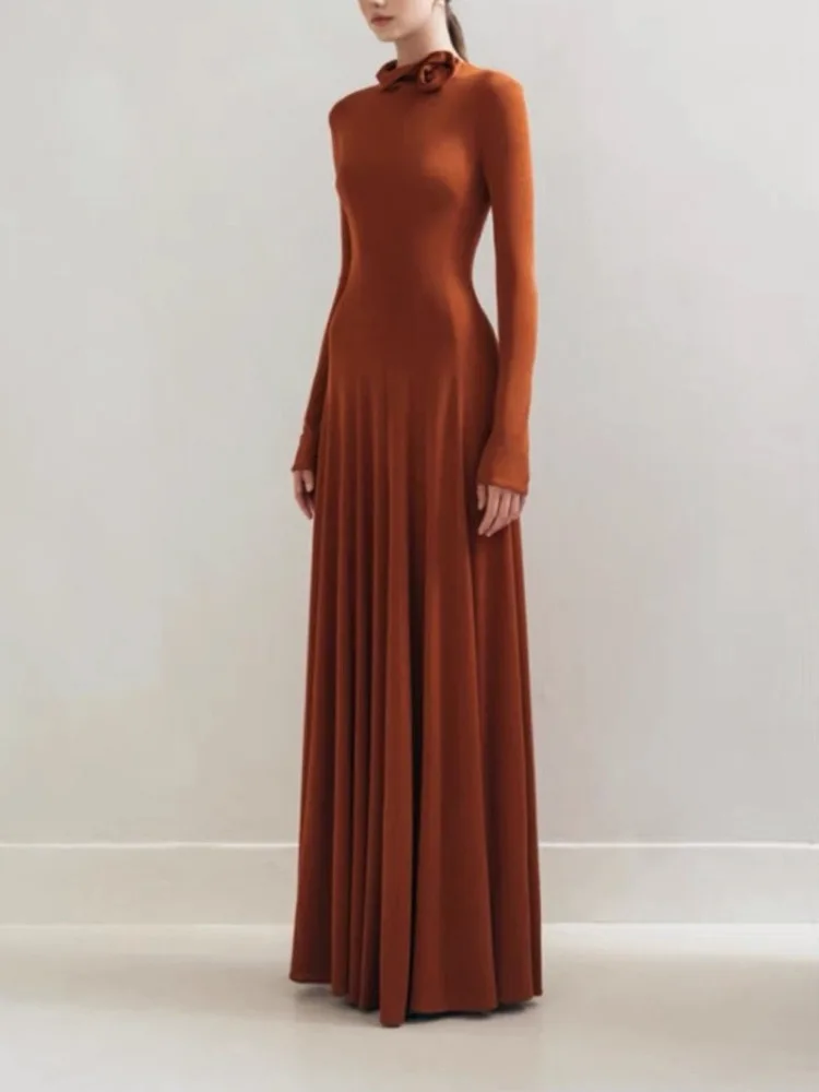 EAEOVNI 3D Fiore Impiombato Design Vestito Delle Donne di Lusso Del Partito di Colore Solido A Vita Alta Pieghe Abiti Lunghi Elegante 2025 Nuovi Abbigliamento