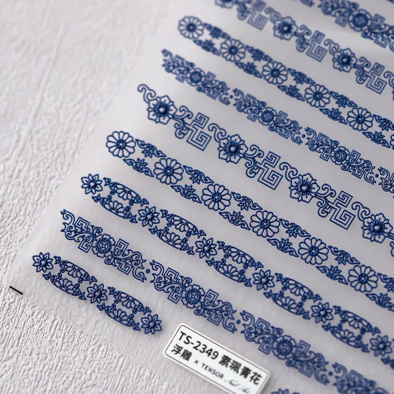 Blue Flowers Totem Chinese Style 5D Embossed Reliefs Self Adhesive Nail Art Decorations Stickers 3D Manicure Decals Wholesale