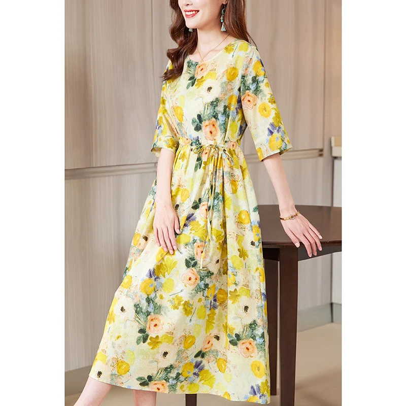 Elegant O-คอพิมพ์SplicedหลวมShirringผ้าพันคอBow Midiชุดเสื้อผ้าผู้หญิง 2025 ฤดูร้อนใหม่Office Ladyชุดดอกไม้