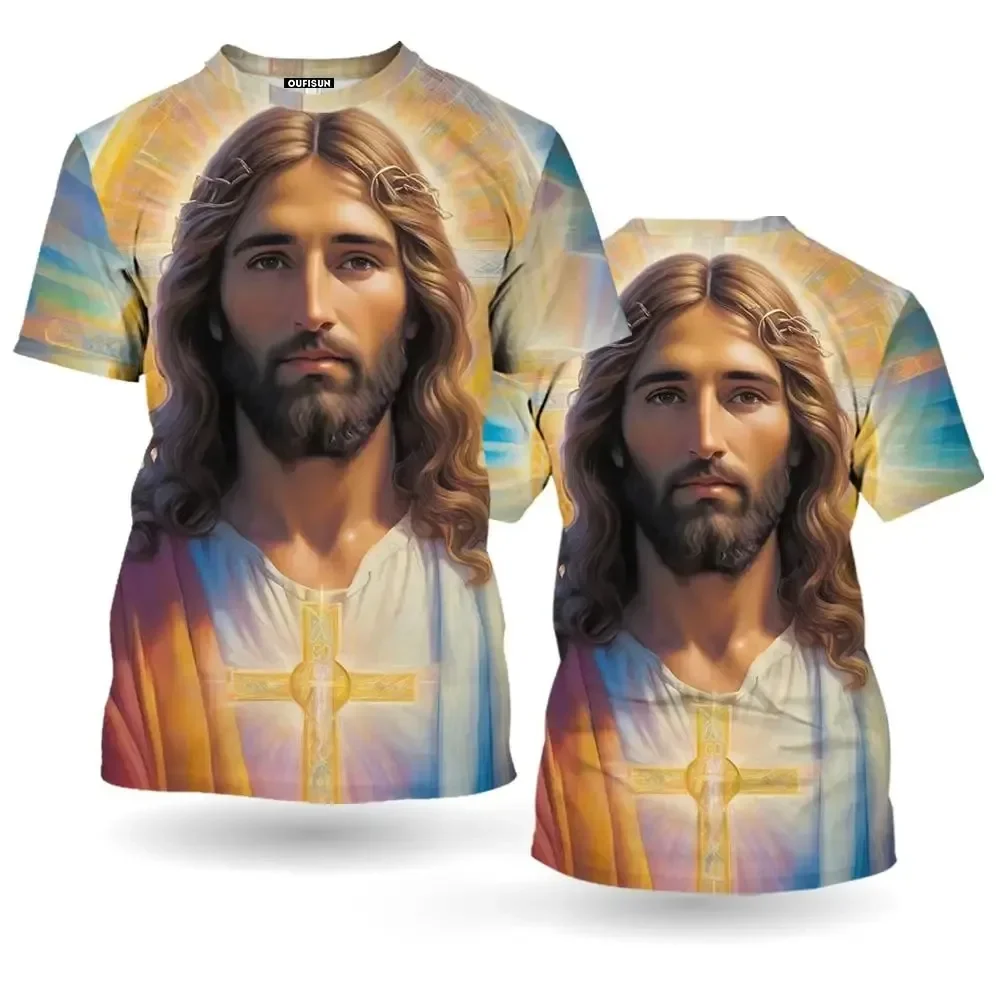 Summer Men's Short Sleeve T-shirt Jesus Christ Pattern Tshirt Mens Crewneck Casual Tshirts God 3d Prited Tops Men Streetwear