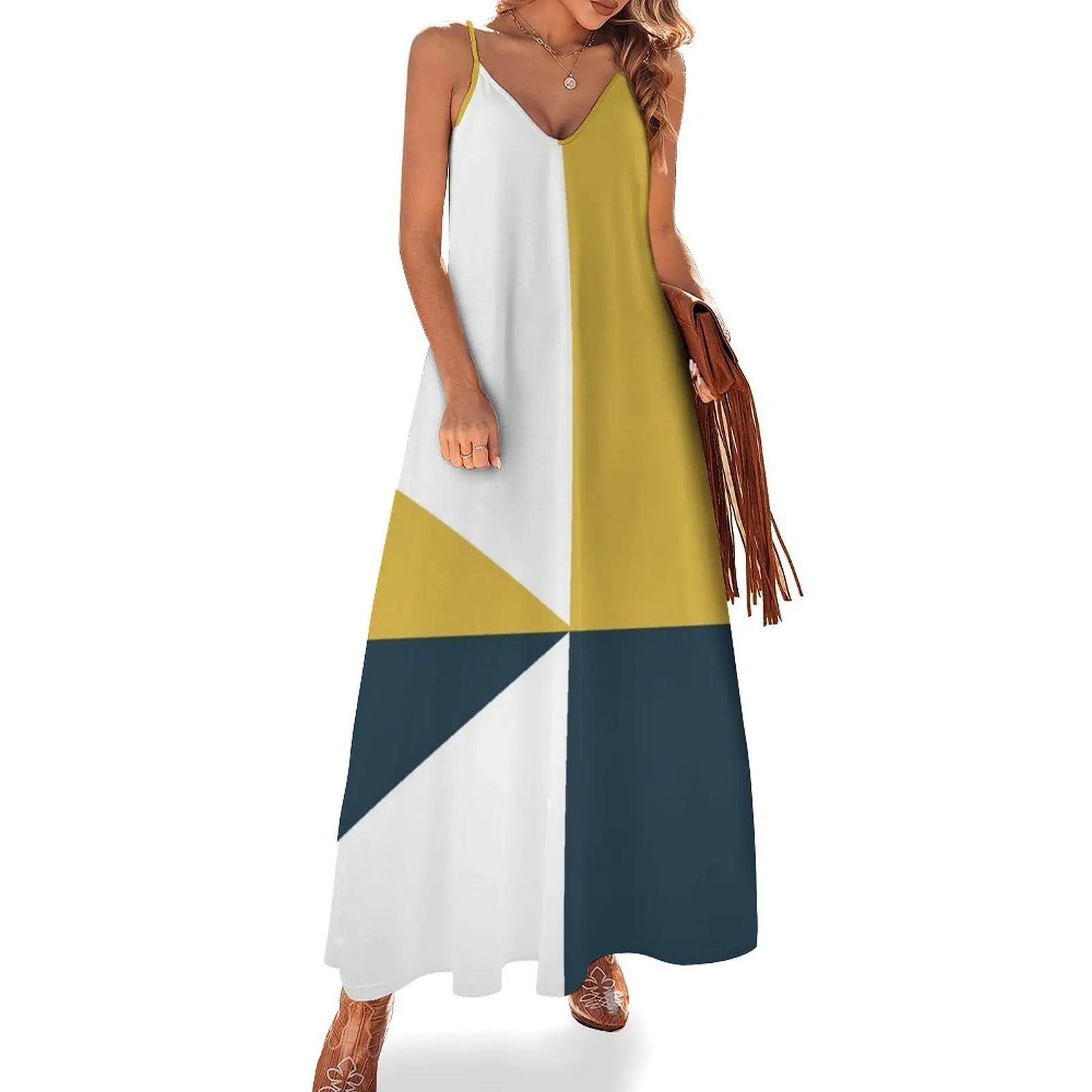 Angled Color Block in Navy Blue, Light Mustard Yellow, and White Sleeveless Dress summer dresses for women 2025 Bride dresses