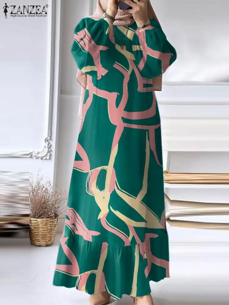 ZANZEA Bohemian Muslim Long Dress Autumn Floral Sundress Fashion Printed Abaya Women Long Sleeve Robe Vestidos Islamic Clothing