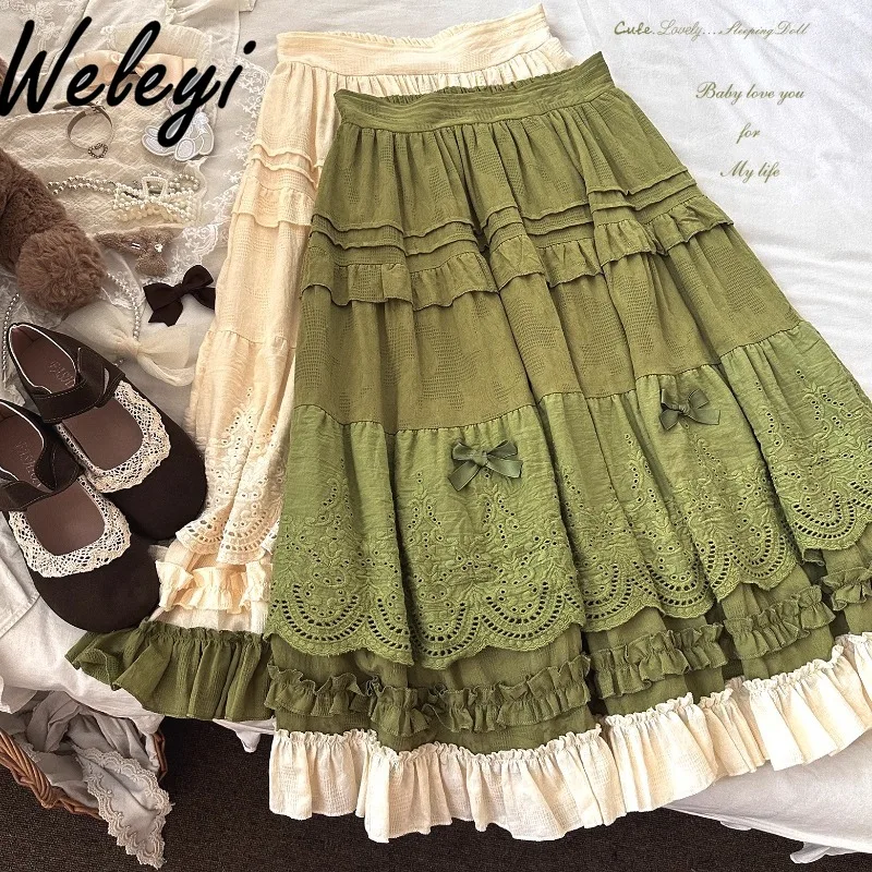 

Kawaii Green Embroidered Lace Mid-length Skirt Women 2024 Fall New Vintage High Waist Bow Fungus Lotus Leaf Midi Skirts Ladies