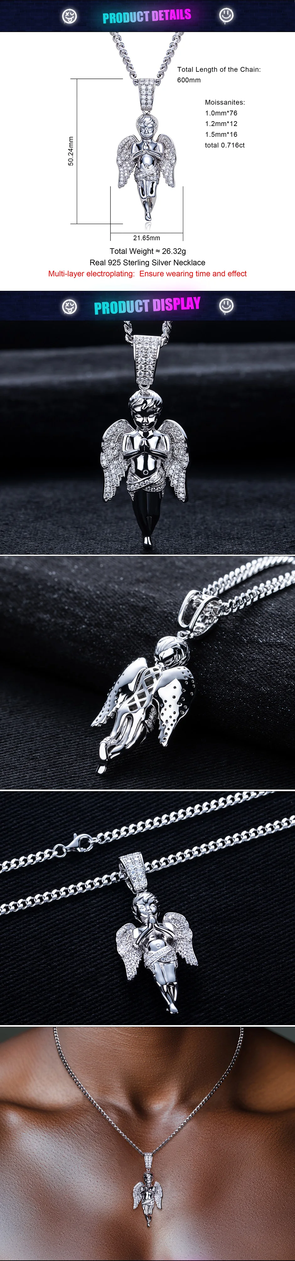 MossanRappr Moissanit Iced Out Blessed Angel Anhänger Bling Hip Hop Halskette 925 Sterling Silber Herrenmode Punk Rock Schmuck – Detail 2