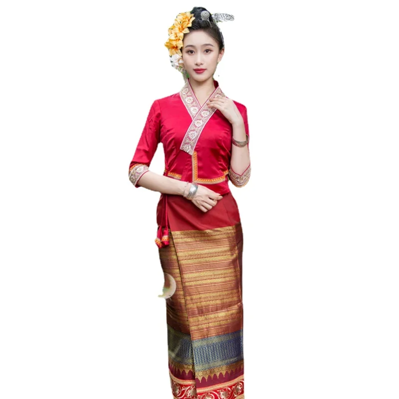 

Thailand Traditional Clothing for Women Blouse Tops Pha Sin Skirt Thai Dress Workwear Southeast Asian Clothes Dai Vintage