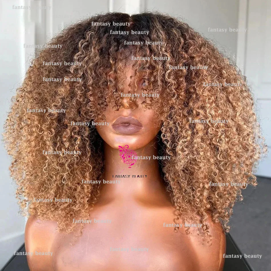 

Ombre Honey Blonde Wig with Bangs with Clip for Black Women Remy Martin 100%Human hair 200 density Brown Curly 13 x 6 front lace