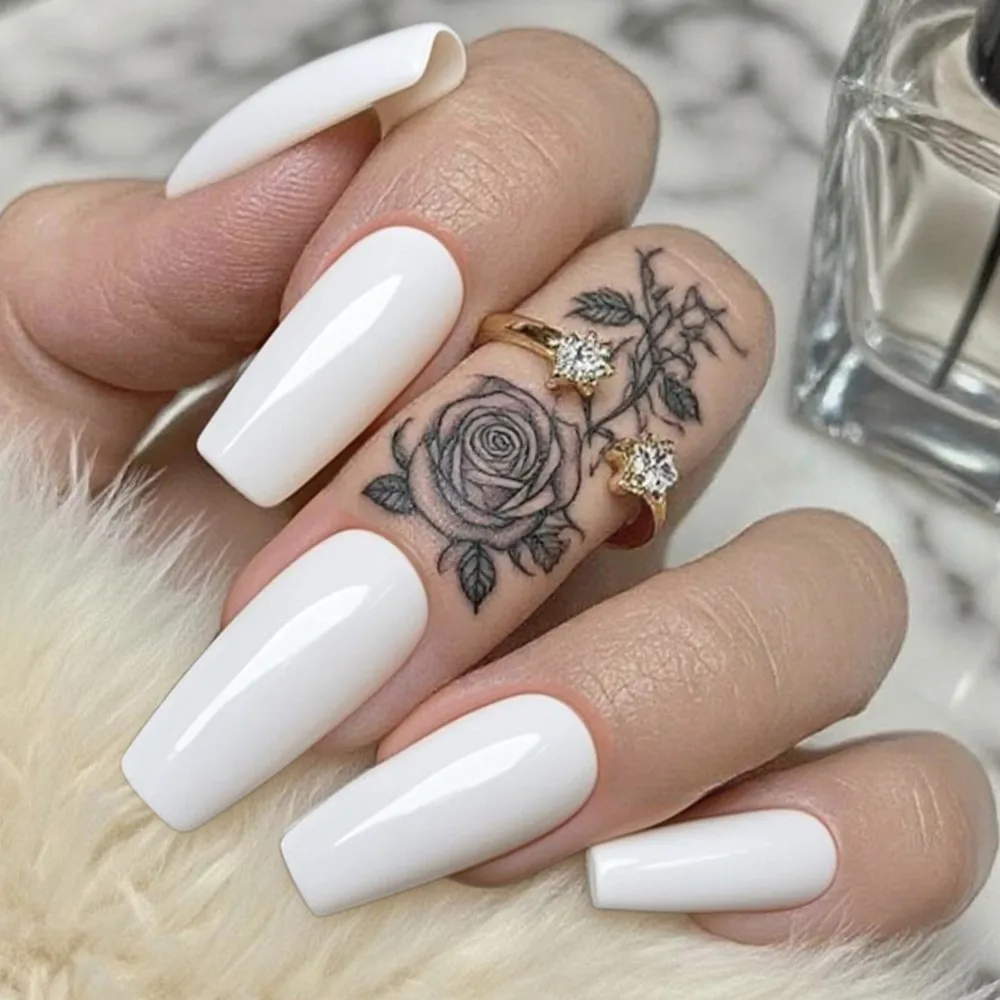 

48Pcs Press On Fake Nails With Glue Sticker Shiny White Long Ballerina Coffin Fingernails Manicure Acrylic False Nails For Woman