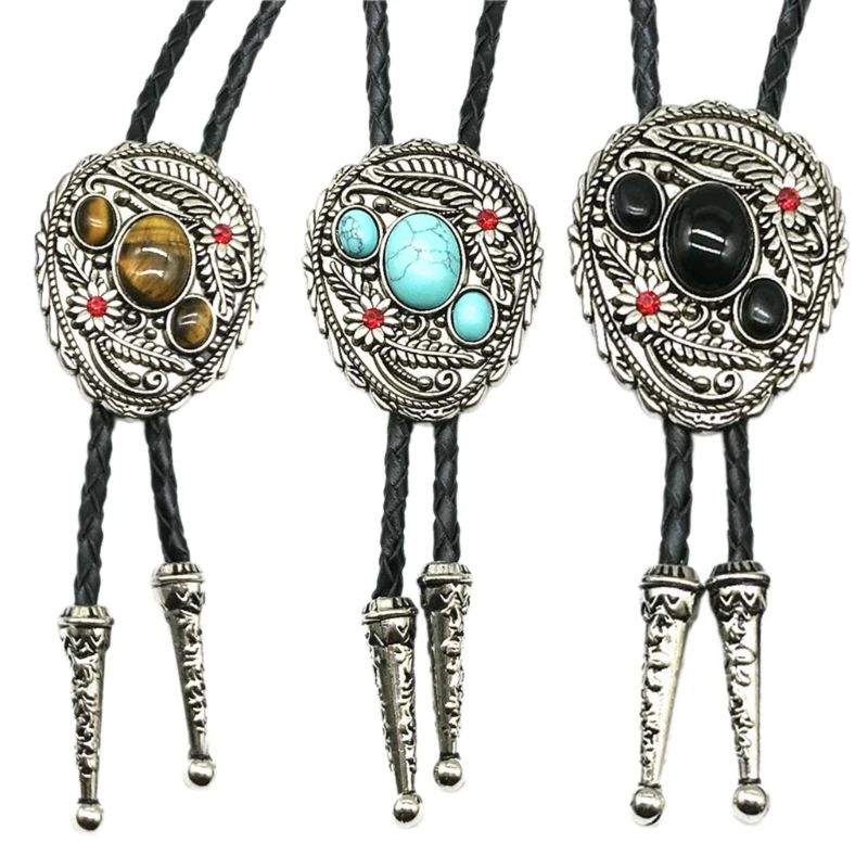 Braided Shoestring Flower Stone Bolo Tie Carved Charm Cowboy Necktie Necklace