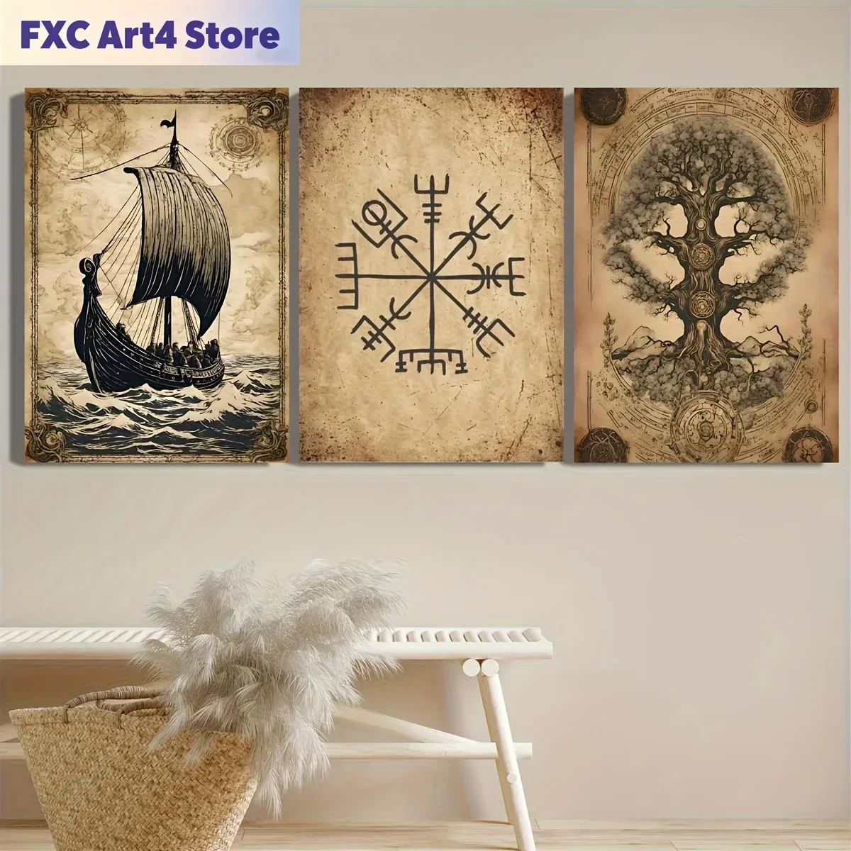 Rahmenlose 3-teilige Vintage-Leinwandbilder mit Nordischen Lebensbaum- und Wikingerschiff-Motiven |   HD 2D Wanddekoration mit Filigranen Keltischen Knoten-Designs