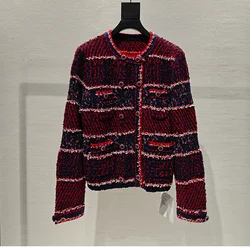 Yarn Contrast Stripe Long Sleeve Crew Neck Knitted Cardigan Christmas Color Classic Four-Pocket Box Double-Breasted Jacket