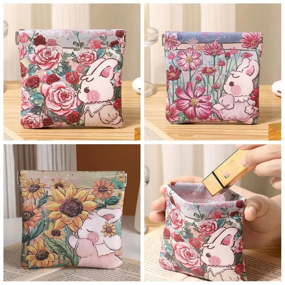 Mini bolsa cosmética de couro PU para mulheres, estampa de flores, fecho automático, armazenamento de batom, fechado automaticamente, porta-moedas, simples