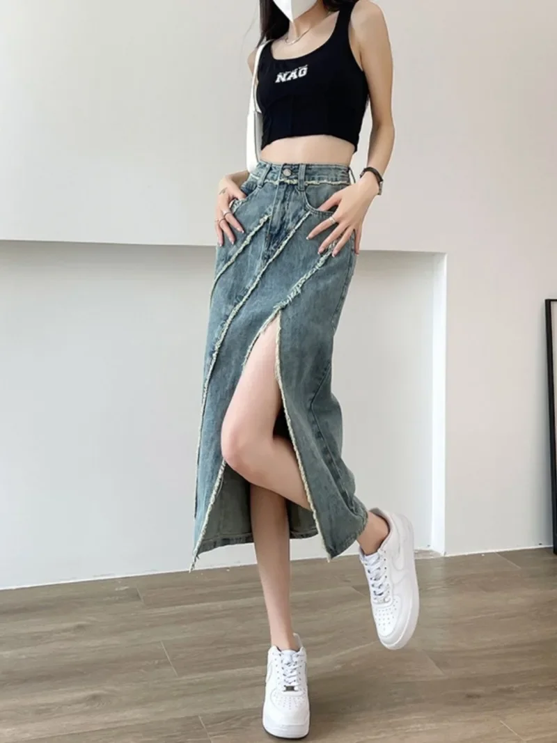 With Pocket Gyaru Slit High Waist Female Jeans Skirts Women's Denim Skirt Quality Harajuku Premium Korean Fashion Aesthetic V