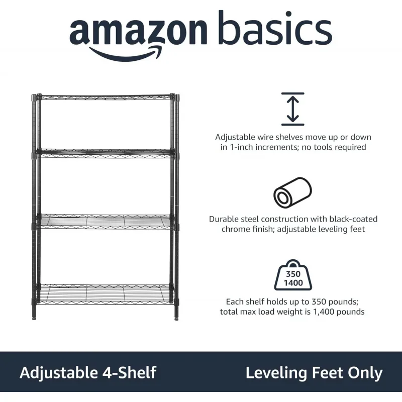 4-Shelf Adjustable Heavy Duty Steel Wire Rack Storage Shelving Organizer for Kitchen, Garage, 36