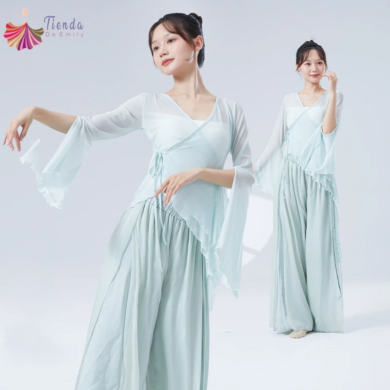 

Классический танцевальный топ, женская тренировочная одежда, газовая сетчатая рубашка с расклешенными рукавами и перекрестным v-образным вырезом, струящийся сценический костюм, тонкая блузка