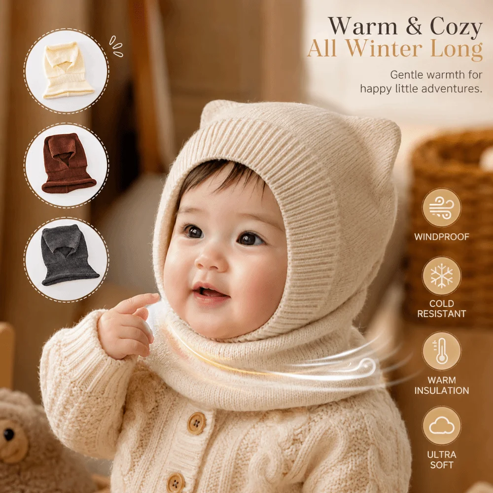 New Warm Woolen Baby Balaclava Hat Solid Color Windproof Knitted Beanie Cap Ear Protection Soft Winter Toddler Hat Boy Girl