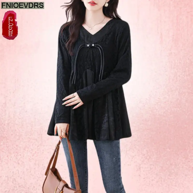 

Loose Clothes Women 2024 Autumn Winter Black Lace Peplum Shirts Design Retro Vintage Tunic Black Sheer Tops Blouses