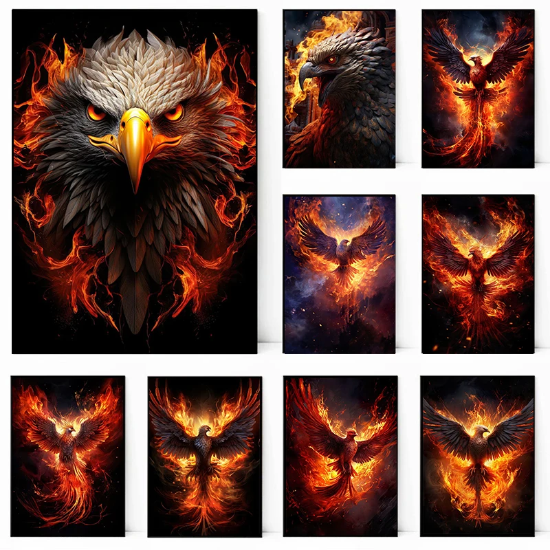 Phoenix Bird Poster Vermilion Bird Eagle Bathing fire Canvas printing wall art decoration hanging paintings For Home Room decor