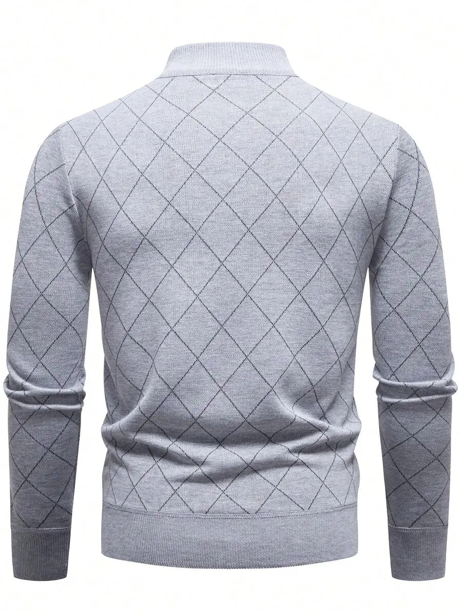 Men's Half-Zip Knit Sweater with Diamond Pattern, Fall/Winter Casual Wear