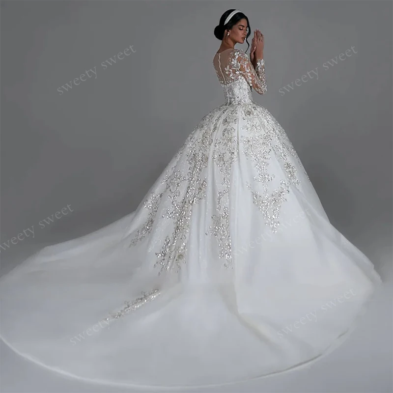 Luxury Wedding Dress Bead Organza With Embroidery Princess Ball Gown Full Sleeve O-Neck Customized Bride Button Vestido De Novia