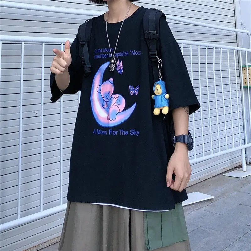 2022 الصيف Kawaii Y2k المرأة تي شيرت القمر الدب تي شيرت مطبوع تي شيرت على طراز هاراجوكو قصيرة لطيف الأكمام تي شيرت فتاة القوطية المحاصيل
