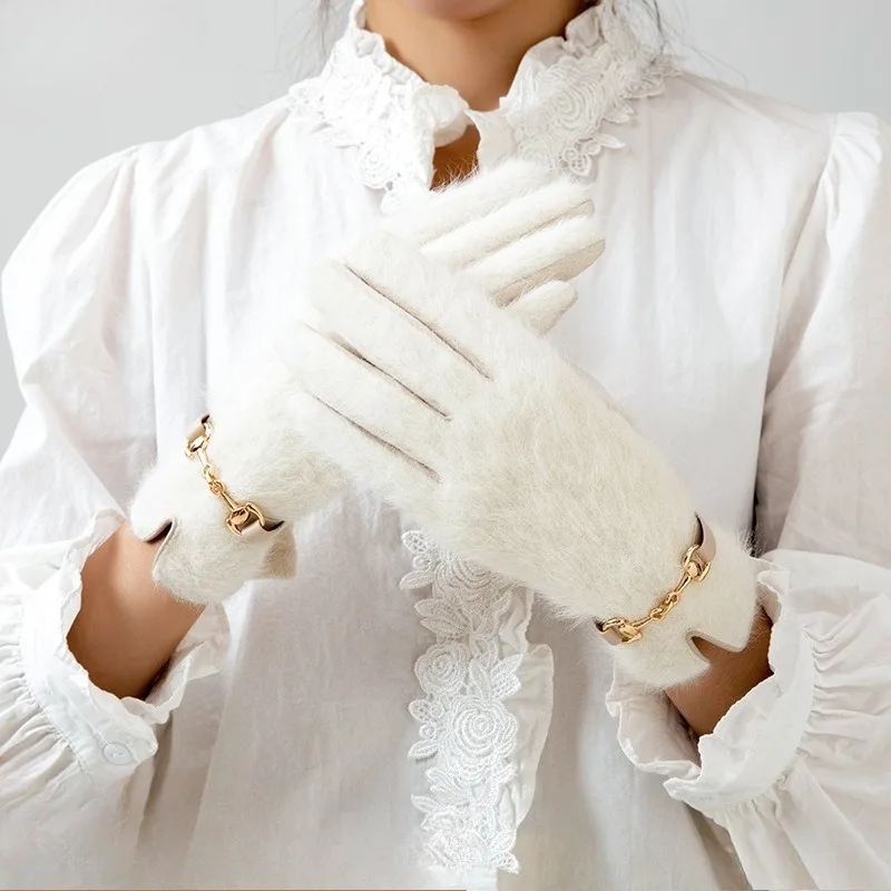 Rabbit Fur Winter Warm Gloves for Women Thickened Riding Fleece-Edged Cold-Proof Outdoor Windproof Touchscreen Gloves