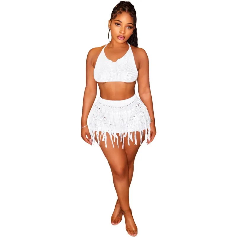 Traje de baño para cubrir la playa, Bikini para mujer, traje de baño tejido con gancho ahuecado, Falda corta Sexy sin tirantes, conjunto de dos piezas de salida