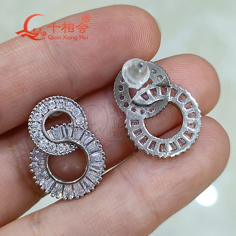 14mm Baguette hollow two circle 8 shape S925 silver  earrings ear stud white moissanite stone Earring   jewelry woman gift