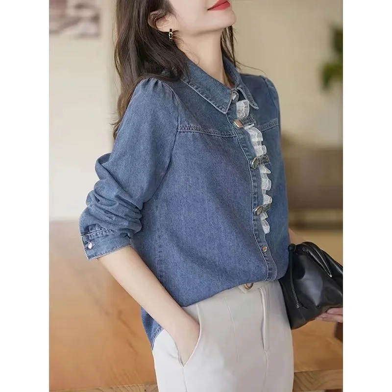 Camisa vaquera de manga larga para mujer, blusa informal coreana con costura de encaje, primavera y otoño