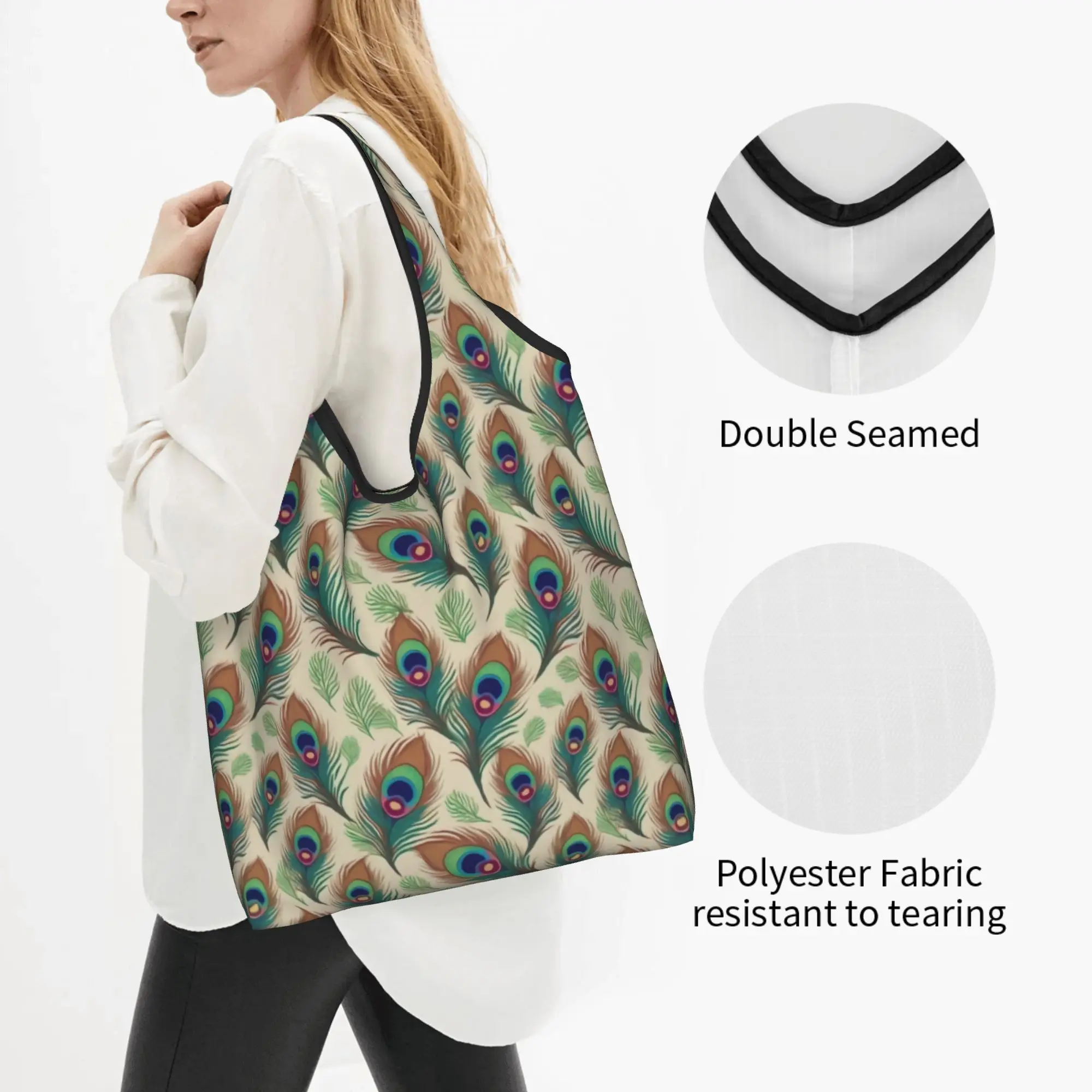 Custom Peacock Feathers Cream Shopping Bag Women Portable Big Capacity Groceries Animal  Tote Shopper Bags