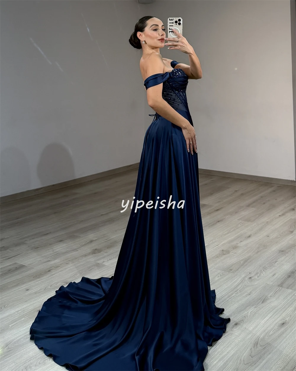 Sukienki na zamówienie wysokiej jakości, klasyczne, z dżerseju, zdobione koralikami, plisowane, o prostym kroju, z odkrytymi ramionami, długie, sukienki na specjalne okazje, moda.