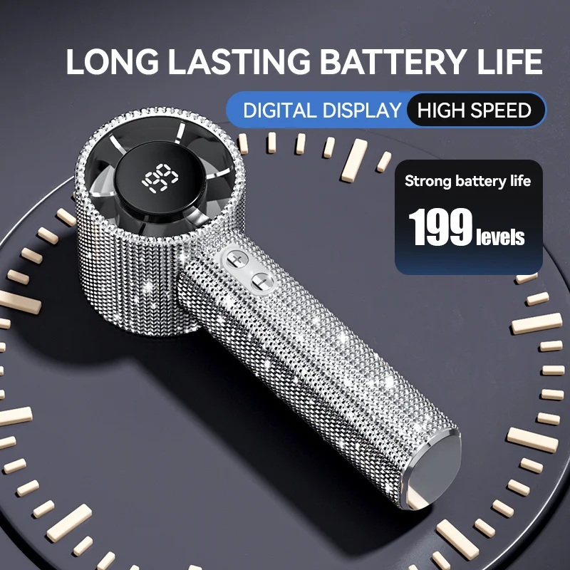 2026 New 199-Speed Portable Handheld Fan with Sparkling Imitation Diamonds & LED Display, USB Rechargeable Mini Fan for Outdoor