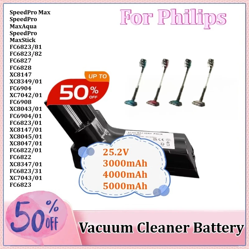 

25.2V 5000mAh Vacuum Cleaner Battery for Philips Speed Pro Max Aqua Stick FC6908 FC6822 FC6823 FC6826/01FC6827 FC6828 FC6904