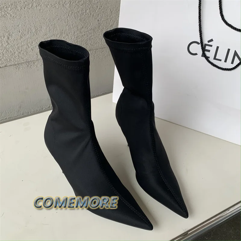 2023 New Spring Autumn Stretch Fabric Women Ankle Boots Sexy Party Pointed Toe High Heels Fashion Female Socks Pumps Shoes Black