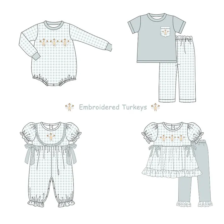 

Baby Long Sleeve Set Round Neck Cute Turkey Embroidery Boy Green Top Clothes And Lattice Pants With Girls Sister Romper With Bow