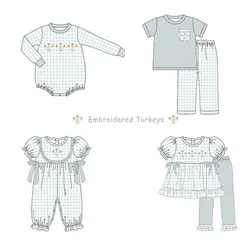 Baby Long Sleeve Set Round Neck Cute Turkey Embroidery Boy Green Top Clothes And Lattice Pants With Girls Sister Romper With Bow