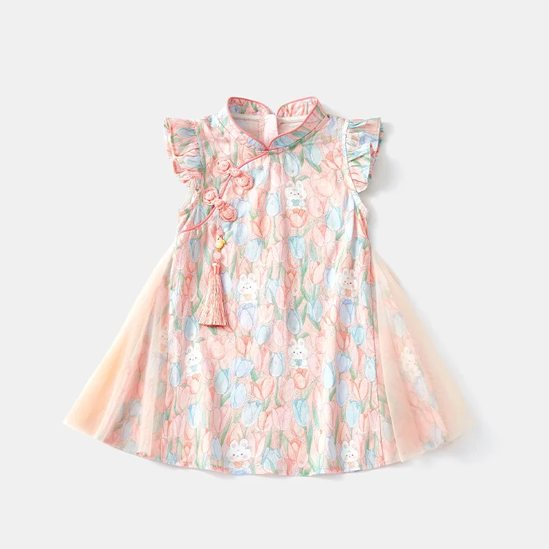

2025 Baby New Chinese Dress Summer Chinese Retro Style Kid Girl Princess Dress Baby Girls Mesh Floral Dress