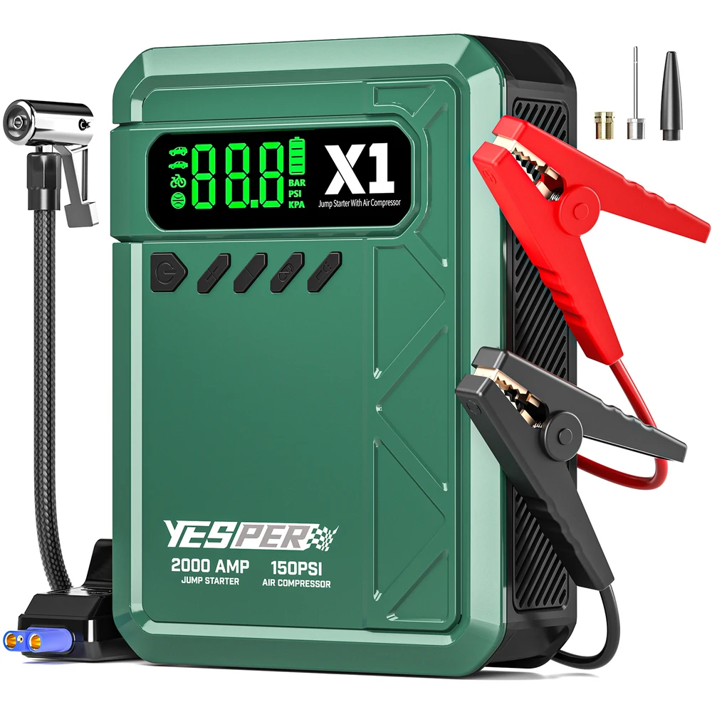 

YESPER 2000A Jump Starter Air Compressor 150PSI, Portable Car Battery Jumper Starter for 8L Gas/6L Diesel, 12V Jump Box LCD