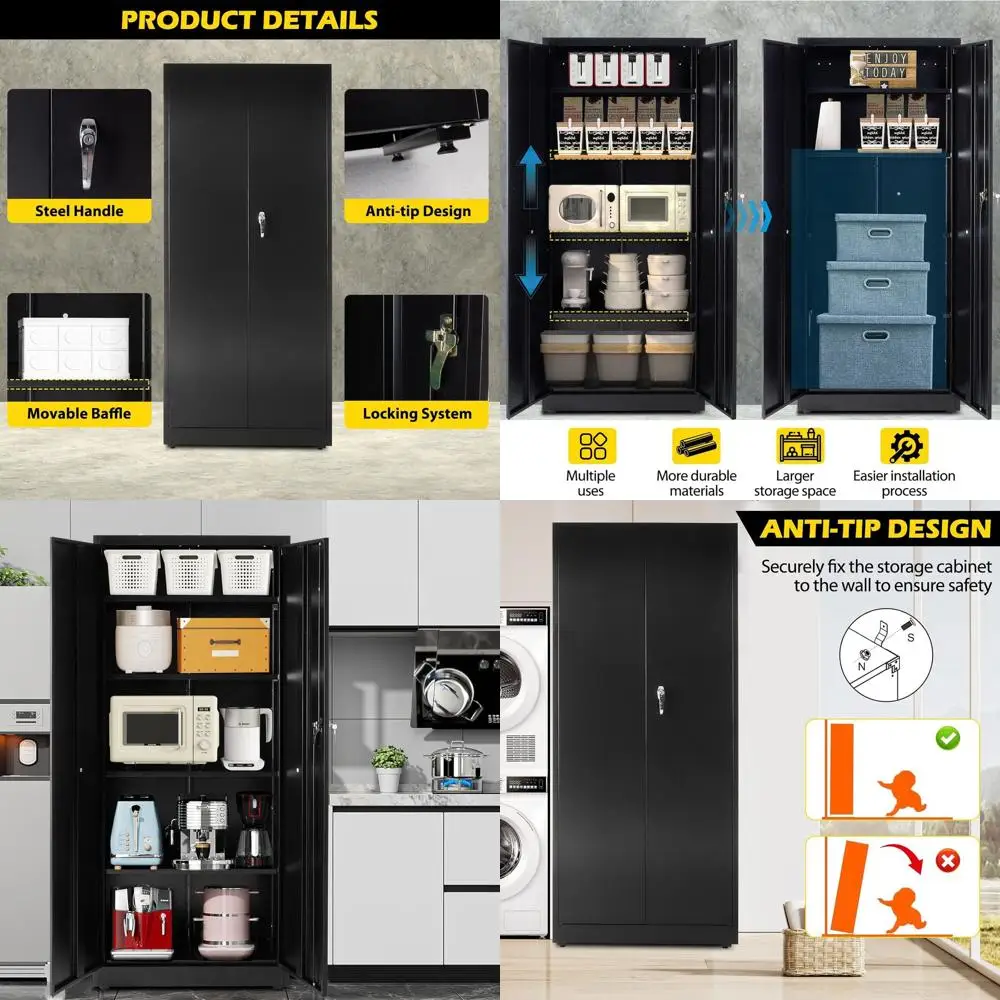 

71-дюймовый высокий черный металлический шкаф для хранения с запирающейся дверцей и регулируемыми полками для дома, офиса и склада