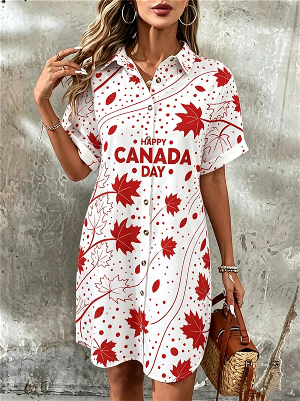Maple Leaf Pattern Canada Style Women Shirts Dresses Summer Short Sleeve 3D Printed Turn-Down Collar Ladies Blouse Casual Dress