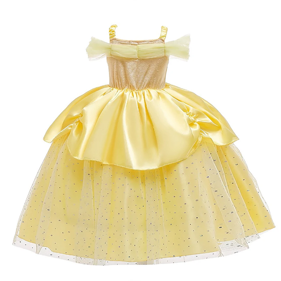 Vestido de princesa bella para niñas, ropa de fiesta amarilla, disfraz de corona de palo mágico, 2023