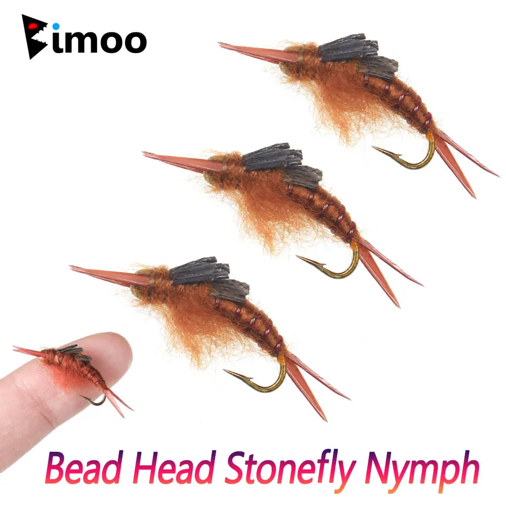 Bimoo #12 #14 #16 6PCS Brass Bead Head Stonefly Nymph Brown Color For Trout Bass Bluegill Perch Steelhead Fishing Lures Baits