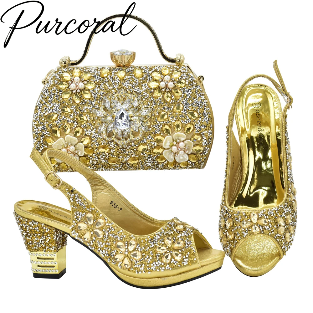 Rhinestone Shoes And Bag Set Women Peep Toe Block Heel Slingback Sandals Crystal Flower Clutch Purse Wedding Matching Shoe Bag S