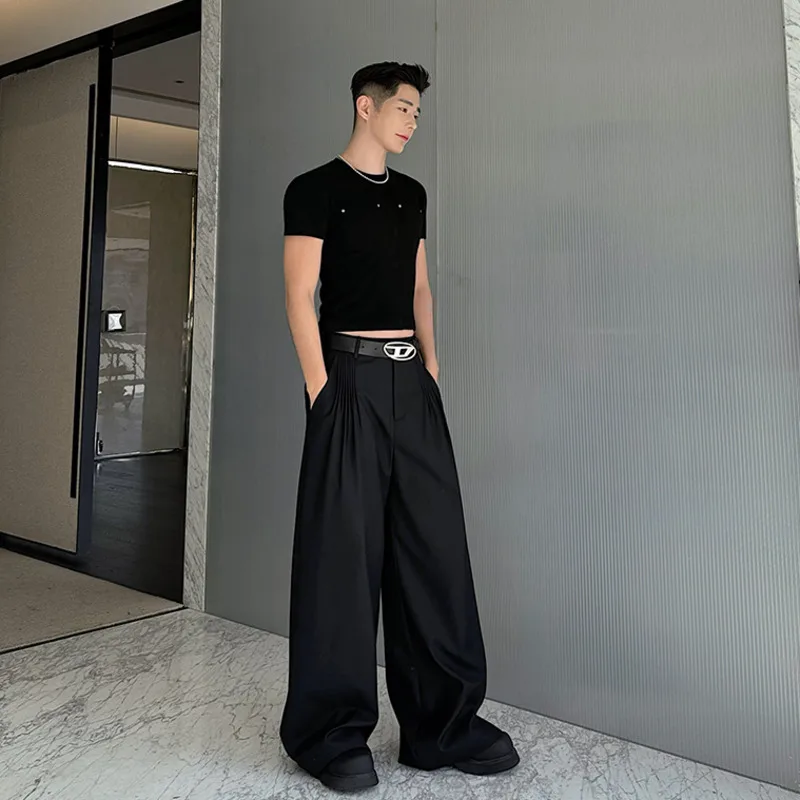 SYUHGFA Korean Style Men's Pleated Suit Pants Metal Design Solid Color Straight Wide Leg Boot Cut Male Trousers New 2024 Autumn